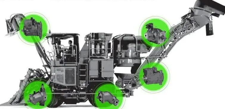 Sugarcane harvester with Hytek hydraulic pumps and motors on travel and header