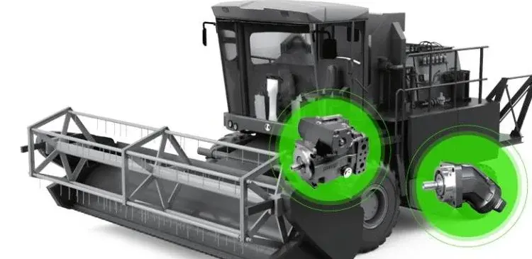 Wheat and corn combine harvester with Hytek closed-circuit pump and wheel motor